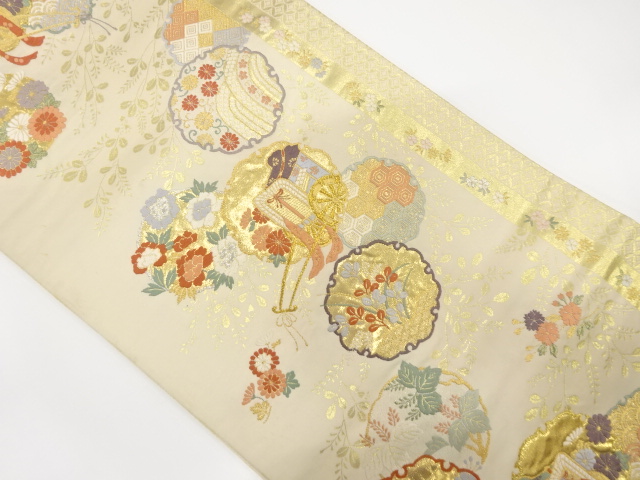 アンティーク　雪輪に御所車・花模様織り出し袋帯（材料）